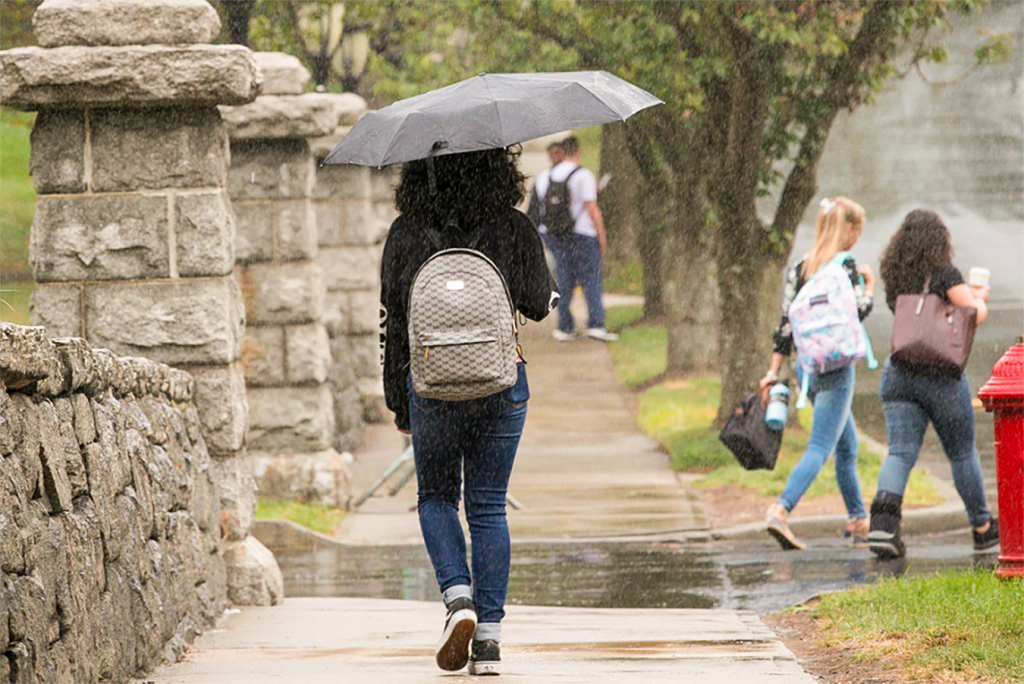 student walking in the rain