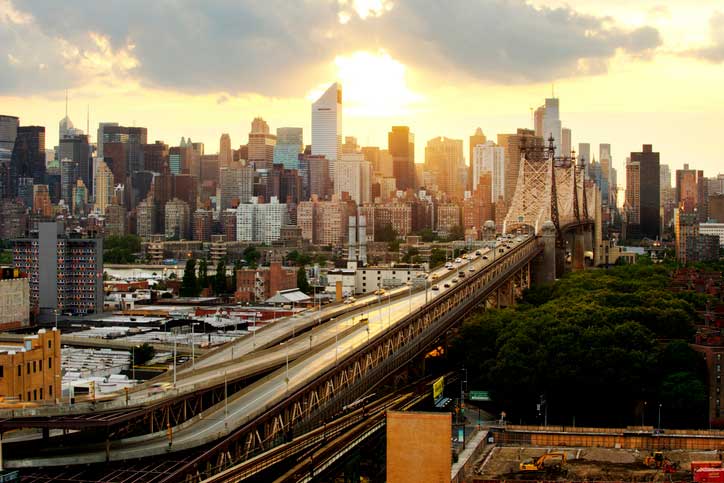 city skyline with view of bridge